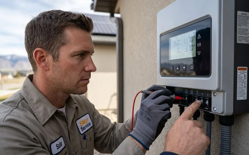 Technician examining inverter readings during a comprehensive solar panel inspection in Idaho
