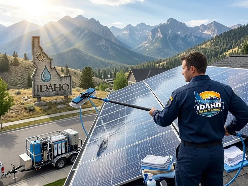 Idaho Solar Cleaning technician using purified water system on residential solar panels