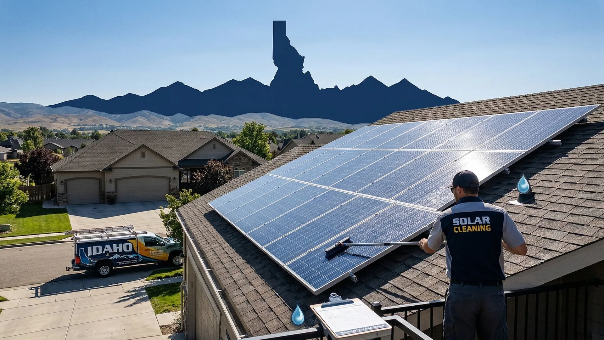 Professional solar panel cleaning in Boise Idaho with mountain landscape and blue sky
